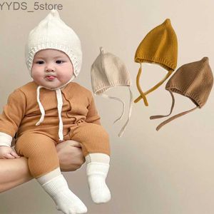 Beanie/Skull Caps Autumn Winter Ear Protection Baby Hat Warm Knitted Kids Lacing Cap Solid Color Infant Boy Girls Beanie Bonnet Enfant YQ231108