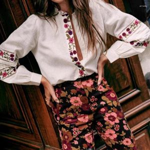 Women's Blouses 2023 Autumn Retro Embroidered Floral Round Neck Ruffled Lantern Long Sleeve Versatile White Women Shirt