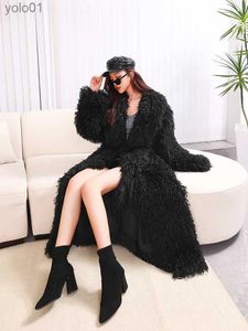 Women's Fur Faux Fur Nerazzurri Winter Extra Long Oversized Black Warm Thick Soft Hairy Faux Mongolia Sheep Fur Coat Women Maxi Furry Overcoat 2023L231109