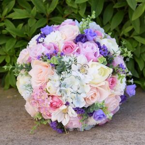 Decorative Flowers Handmade 25cm 22cm 18cm Purple Pink White Mixed Color Blossom Rose Ribbons Artificial Flower Bouquet Wedding Holding