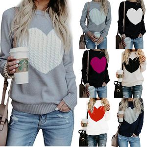 Contrast Color Love Heart Pullovers Autumn Women's Loose Sweet Knitted Jumpers Mujer Lover Knitting Sweaters Plus Size