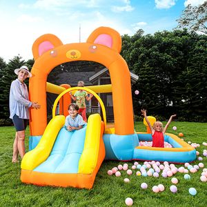 Casa de segurança inflável com poço de bolas Moonwalk Slide Summer Playhouse Bear Theme com soprador Saco de pancadas Bouncy House para crianças de 2 a 12 anos ao ar livre, festa interna, diversão