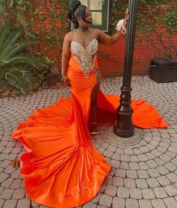 2023 April Aso Ebi Orange Mermaid Prom Dress Lace Beaded Crystals Evening Formal Party Second Reception Birthday Engagement Gowns Dresses Robe De Soiree ZJ3433