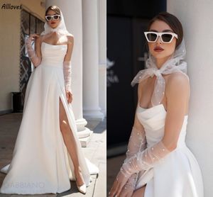 Modern White Satin A Line Wedding Dresses Simple Strapless Boho Beach Garden Bridal Clowns Pleated Sexig High Split Women Second Reception Marriage Dress Robes CL2898