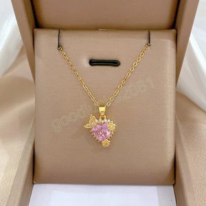 Европейская и американская мода сердце розовая хрустальная бабочка и цветочное подвесное ожерель