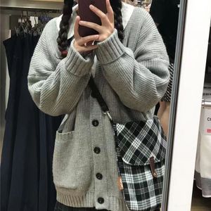 Cardigan knitted gray sweater jacket top 2023 new women's autumn and winter thickened lazy style sweater top