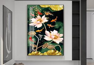 Pinturas nórdicas luxuosas lucky nove peixe canvas pintando feng shui koi pôsteres lotus flores imagens de parede para sala de estar de corredor8167213