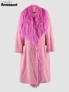 Pele feminina pele sintética nerazzurri outono inverno longo grosso quente rosa casaco de pele sintética feminino duplo breasted solto elegante chique luxo casaco peludo 2023l231109