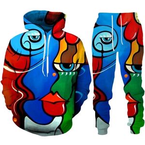 Erkekler ve Kadınlar 3D Baskılı Soyut Yüz Partisi Günlük Giyim Kurt Moda Sweatshirt Hoodies ve Pantolon Egzersiz Takımları 005