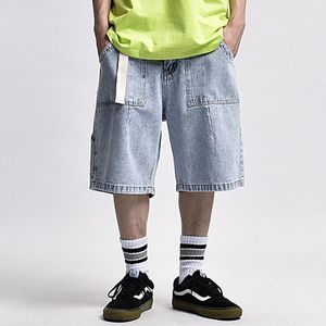 Calças de brim masculinas calças de cinto multi-bolso denim shorts homens verão streetwear baggy curto na altura do joelho moda metade