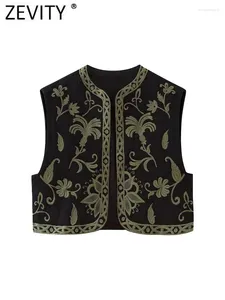 Gilet da donna Zevity Donna Vintage O Collo Fiore Ricamo Gilet corto Giacca da donna Senza maniche Cardigan casual Gilet Crop Top CT5359