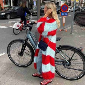 Swetery kobiet 2023 Autumn Nowy dzianinowy kontrast Stripe Lazy Sweter długi płaszcz T231109