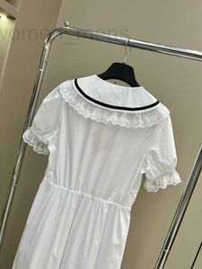 Basic & Casual Dresses designer Summer New Miu Nanyou Gaoding Academy Style Sweet and Age Reducing Lace Edge Bubble Short Sleeve Navy Neck Dress 6VCO