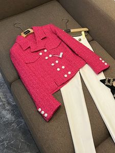 2023 Herbst Pink Einfarbig getäfelte Tweed-Blazer Langarm Reversknöpfe Zweireiher Kurze Oberbekleidung Mäntel A3N016569