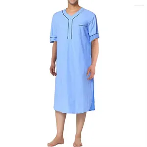 Roupas étnicas Homens Abaya Manga Curta V-Pescoço Robe Casual Homewear Solto Cor Sólida Camisola Islâmica Muçulmana Thobes Vestido de Verão