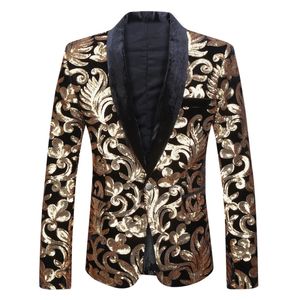 Mens Suit Blazers Sequins Velvet Serisi Erkekler Şal Lapel Blazer Tasarımları Siyah Altın Çiçekler Takım Ceket DJ Club Singer Giyim 231109