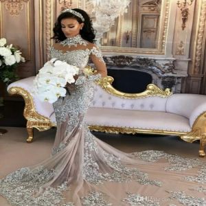 Casamento brilhante vestido sexy sheer bling frisado renda applique alta pescoço ilusão manga longa champanhe sereia capela vestidos de noiva