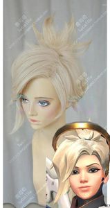 Dostawy imprezowe Gra OW Angela Mercy Wig Short Linen Blond Clip Ponytail odporna na hythenticzne włosy Cosplay Cosplay Peruki