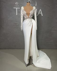 Abiti da sposa a maniche lunghe abito da sposa in pizzo applique sirena scoop cotta in perline di scansione ad alta divisione paesi su misura per le dimensioni più size vestido de nobu 403