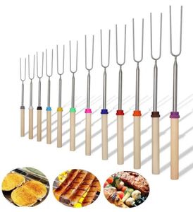 BBQ Tools Telescoping Marshmallow Hot Dog Roasting Sticks Stainless Steel BBQ Tools SkewersExtending Roaster With Wooden Handle