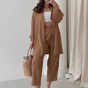 Calças femininas de duas peças 1 conjunto cardigan define cor sólida plissado solto manga longa blusa calças outono costura fina bolsos outfit