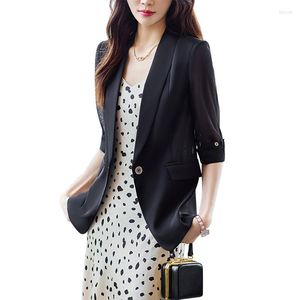 Damen Anzüge Schwarz Chiffon Blazer Frauen 2023 Sommer Mode Temperament High End Halbarm Dünne Jacke Büro Damen Arbeitsmantel