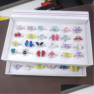 With Side Stones 50Pcs/Lot Fashion Classic Ring Floral Crystal Rhinestone Vintage Daily Sier Butterfly Shape Party J Dhgarden Dhj1K