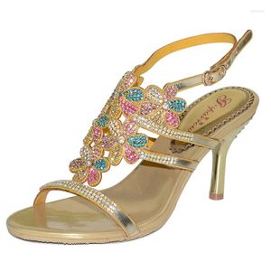 Sandals G-SPARROW 2023 Summer Korean Gold Stiletto Heel Diamond Women High Heels Evening Wedding Shoes Open Toe