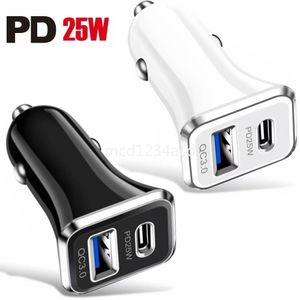 Snabb snabb laddning 25W 12W Dual Ports PD USB-C Car Charger Auto Power Adapters för Samsung HTC LG Android M1 med Retail Box