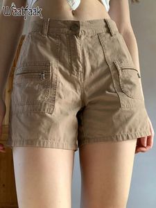 Women's Shorts Waatfaak khaki Vintage Casual Shorts Women's Boots Street Costume Pocket Patch Work Cargo Pants Y2K Summer Shorts Low Waist Harajuku 230410