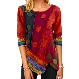 Kvinnors blusar skjortor Autumn Bloues för waman retro tryckt oregelbundet hem o hals långärmad blus tunika kvinna mode 2023 elegant röd