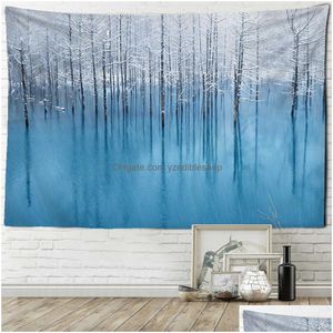 Tapeçarias Snowy Woods Paisagem Impressão Tapeçaria Lago Floresta Arte Decoração R230705 Drop Delivery Home Garden DHV1J