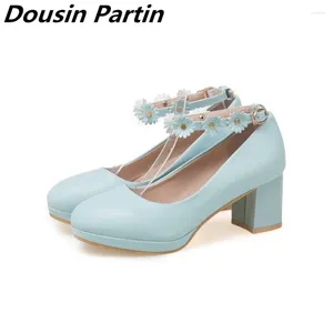 Dress Shoes Dousin Partin 2023 Women Pumps Pink Solid Fashion Round Toe Square High Heel Cute Casual Pu Leather Girl N8452631