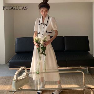 Two Piece Dress Summer Korea Vintage White Women Skirt Set Retro Office Lady Outifits Puff Sleeve Crop Top Skirts Fashion Sweet Hepburn Suit 230410