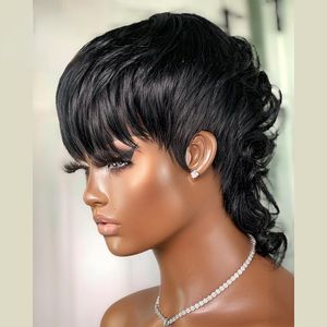 Kort vågiga mänskliga hår peruker pixie klippt brasilianskt hår för svarta kvinnor ingen full spets front peruansk peruk med lugg perruque
