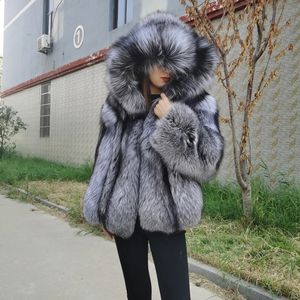 Women's Fur Faux 2023 Fashion Real Silver Jacket Women Coat With Hood Whole Skin Thick Soft Warm 231109