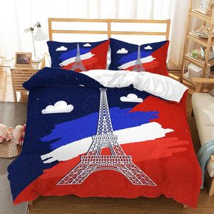 Set di biancheria da letto Set trapunta Copripiumino invernale Stampa Torre Eiffel. Consolatore bandiera con federa Letto blu bianco rosso