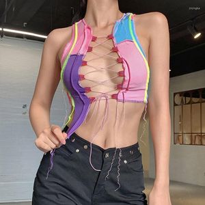 Women's Blouses Women Sleeveless Criss Cross Crop Tank Top Colorful Sexy Hollow Out Lace Up Front Ribbed Patchwork T Shirts For Party