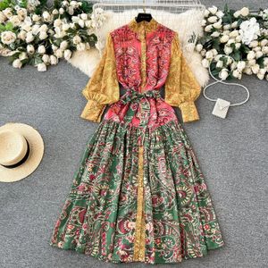 Casual Kleider 2024 Frühling Böhmischen Retro Ethnischen Stil Lose Robe Kleid Frauen Stehen Laterne Ärmel Blumendruck Gürtel Chiffon maxi Vestidos