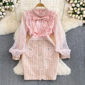 Vestidos casuais moda pista outono lantejoulas malha retalhos tweed vestido feminino manga longa linda flor bordado vestidos curtos 2024