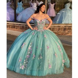 Quinceanera Dresses Princess Spaghetti Strap Appliques Flowers Sequins Ball Gown with Tulle Plus Size Sweet 16 Debutante Party Birthday Vestidos De 15 Anos 84