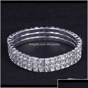 Bracelets 12 Pieces Lot 3 Row Bridal Jewelry Elastic Crystal Rhinestone Stretch Gold Bangle Bracelet Wholesale Acc Drop Deliv Dhefl