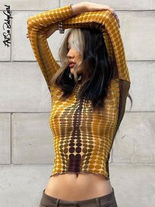 Kadınlar s tişört y2k üst uzun kollu tişörtlü nokta baskı grafik tees sonbahar kıyafetleri sokak kıyafetleri o boyun vücut sarı mahsul 220410