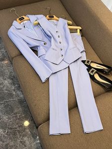 2023 Autumn Light Blue Solid Color Two Piece Pants Set Long Sleeve Notched-Lapel Single-Button Blazers Top Vest med långa byxor Set 3 stycken Blazer Suits F3N02120688