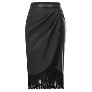 Skirts BP Women's High Waist Irregular Wrap Hem PU Leather Skirt Vintage Fashion Summer Tassel Decorated Bodycon