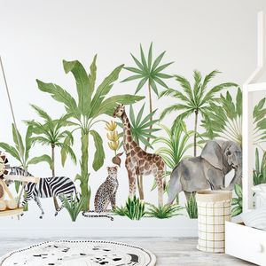 Adesivos de parede tamanho grande 150cmx93cm Africano Animal Tropical Planta Tropical Aquarela Aquarela Giraffa Adesivo de parede infantil Adesivo de parede do jardim de infância do jardim de infância 230410