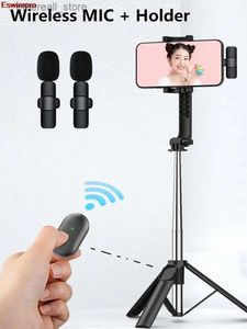Monopés de selfie Bluetooth sem fio Selfie Stick e microfone sem fio 2 em 1 Mini tripé monopé extensível para telefone IOS Android Transmissão ao vivo Q231110