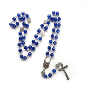 Colares de pingente Qigo Acrílico Rosário Colar Long Blue Beads Strand Cruz Cahtolic Oração Jóias