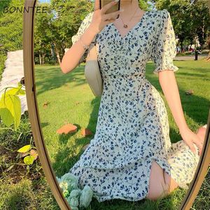 Casual Dresses Short sleeved dress for women's printed V-neck summer chiffon women's casual street clothing retro Ulzzang fashion retro cute holiday Ins 230410