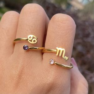 Band Rings 12 Zodiac Sign Birth Stone Ring For Women Horoscope Stainless Steel 18K Gold Plated Open Finger 230410
